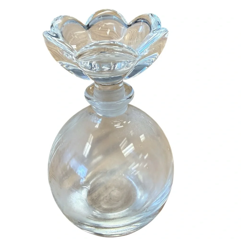 Vintage Clear Glass Perfume Bottle w/ Flower Stopper Vanity Decor